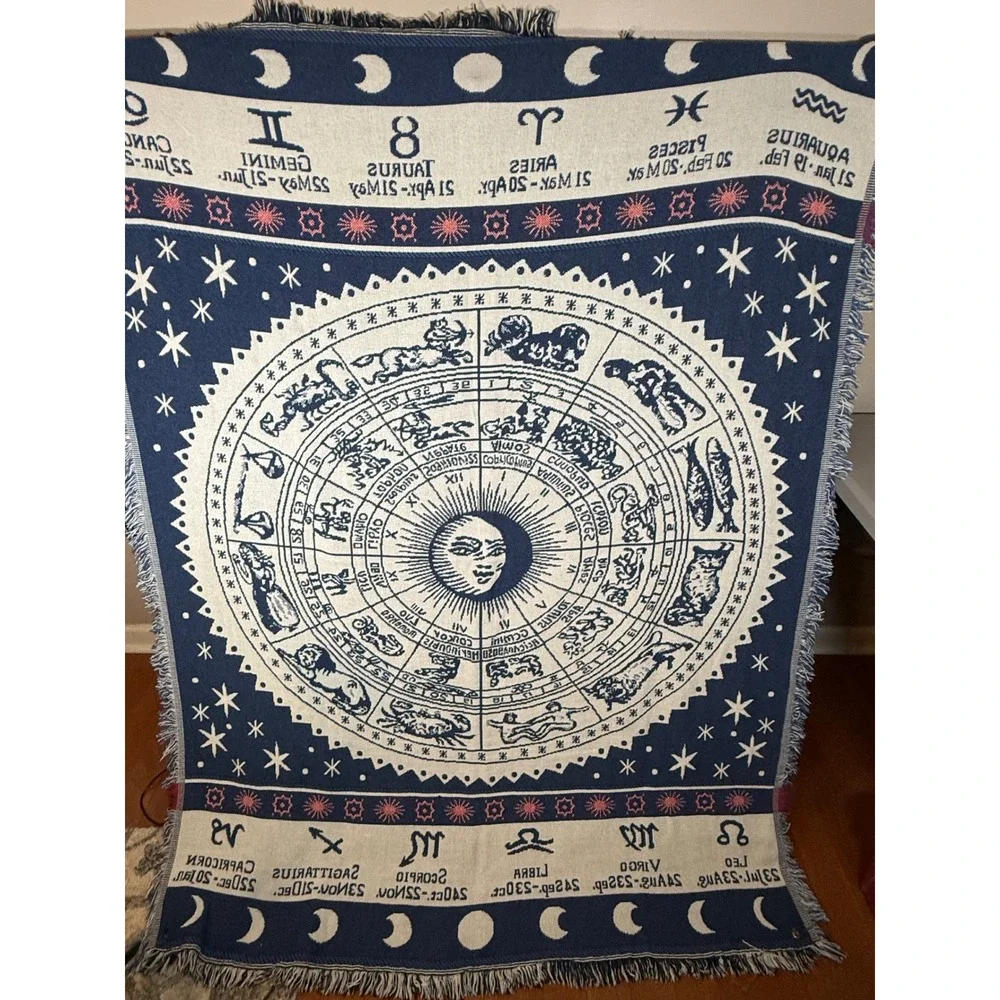 Zodiac Celestial Woven Tapestry Throw Blanket Sun Moon Astrology Navy 50x64
